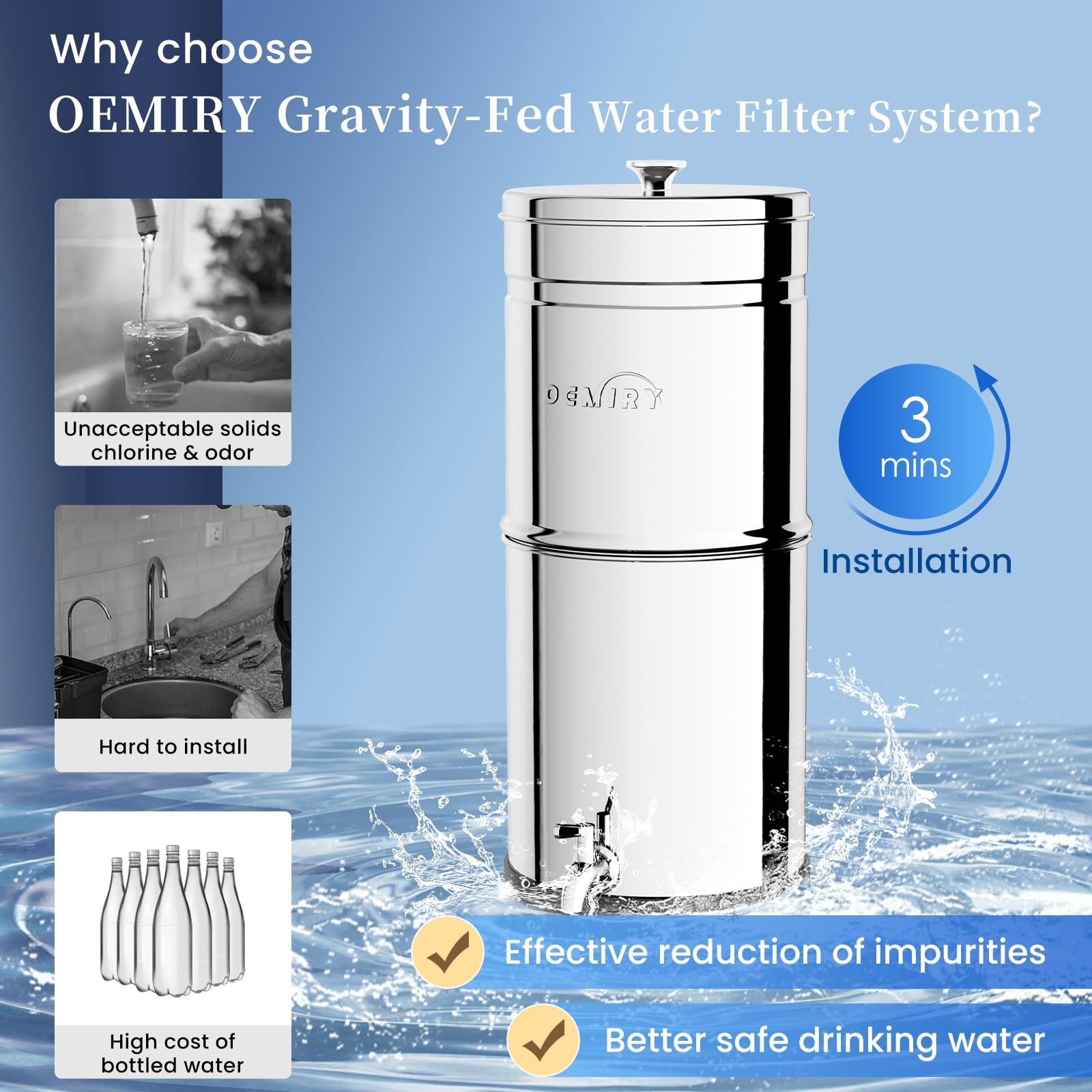 Oemiry Gravity Water Filter System 2.25G Stainless Steel Countertop System