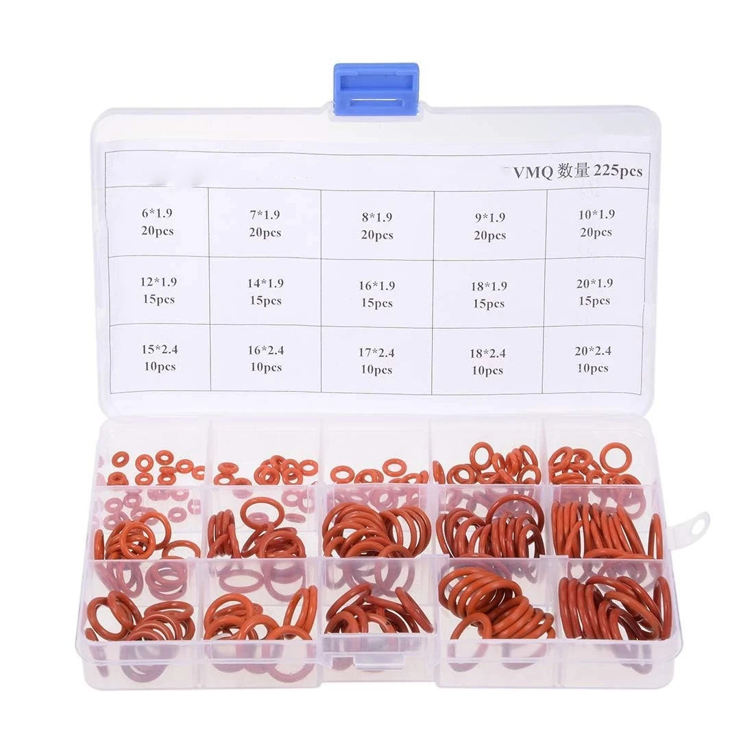 Silicone Rubber O-Ring Assortment Kit 225 Pieces 15 Sizes Metric VMQ Red