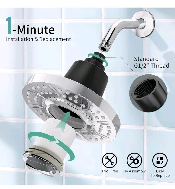 FILTERED Rain Shower Head 7 Inch Silver Easy Install NEW