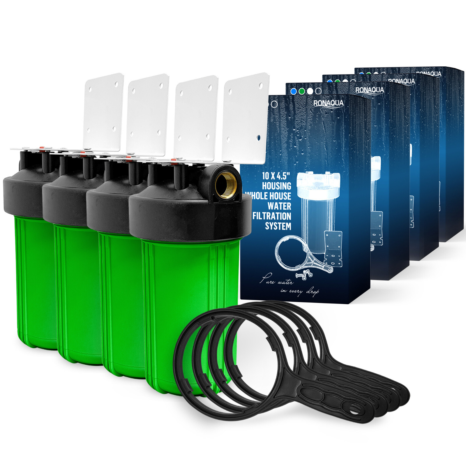 4 Green High Capacity 10 x 4.5” Whole House Filter Purifier System 1” Brass Port