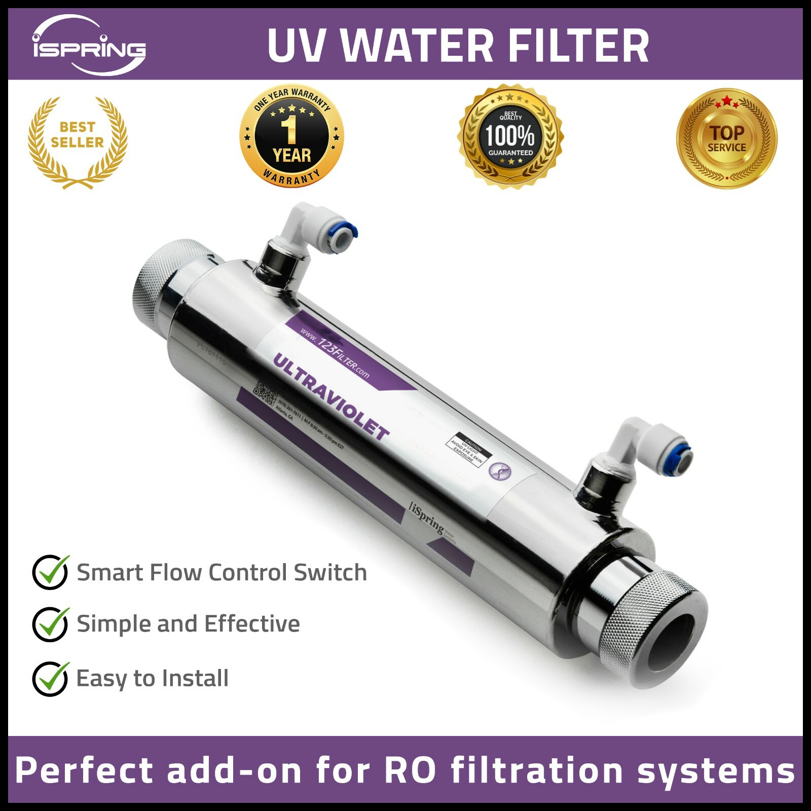 iSpring Ultraviolet Light UV Water Purifier Whole House Filter Smart Flow Switch