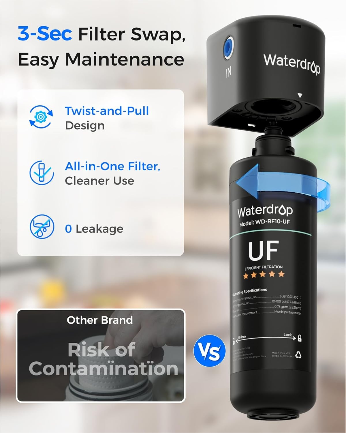 Waterdrop 10UB-UF 0.01 μm Ultra Filtration Under Sink Water Filter System