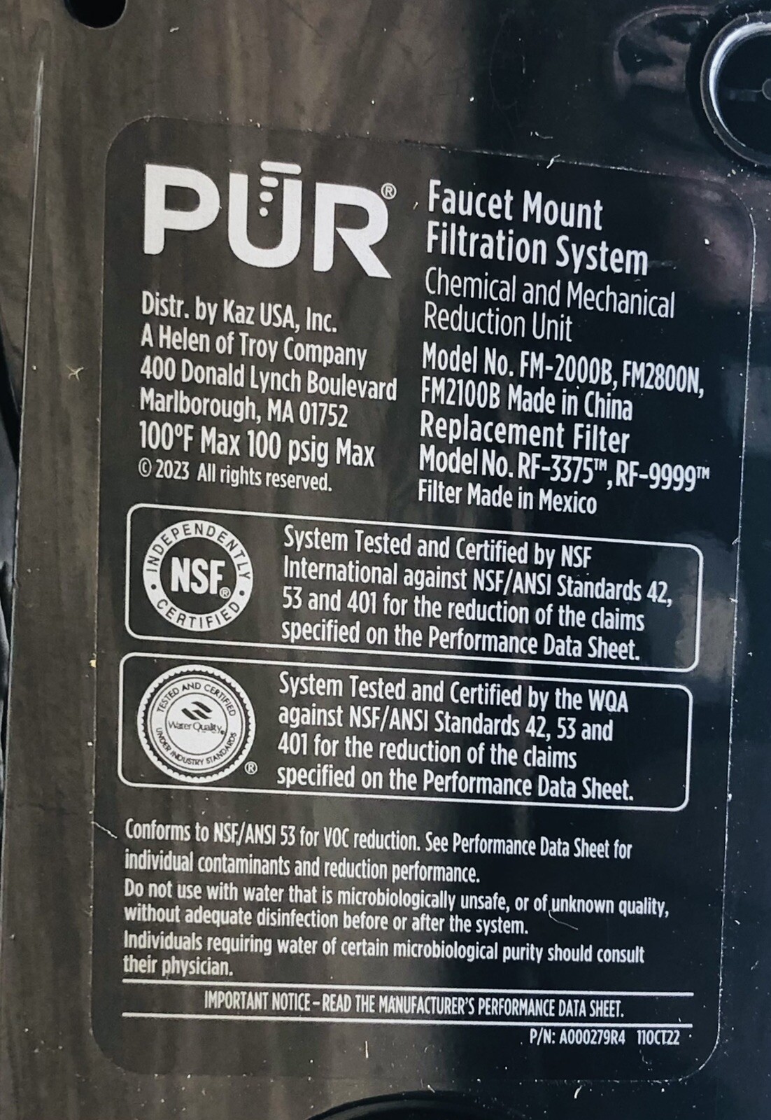 PUR Water Faucet Filtration System, Black Faucet Mounted System FM2000B NOS