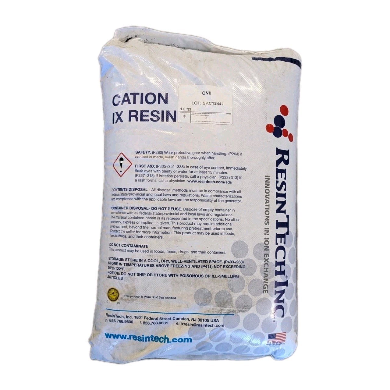 ResinTech CN8 Cation Ion Exchange Water Softener Resin 1.0 cu ft Bag Made in USA