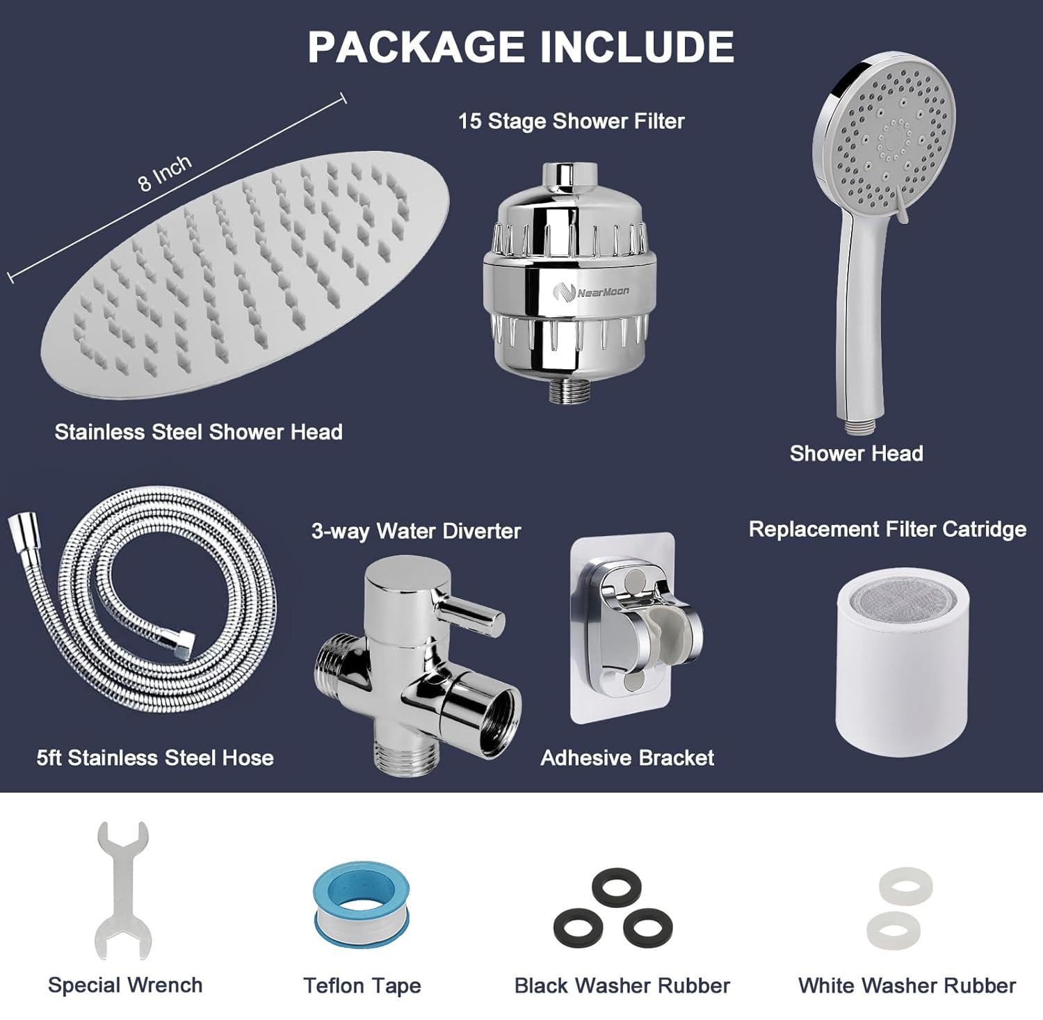 NearMoon Filtered Shower Head, High Pressure 8″Round Rain Chrome Finish