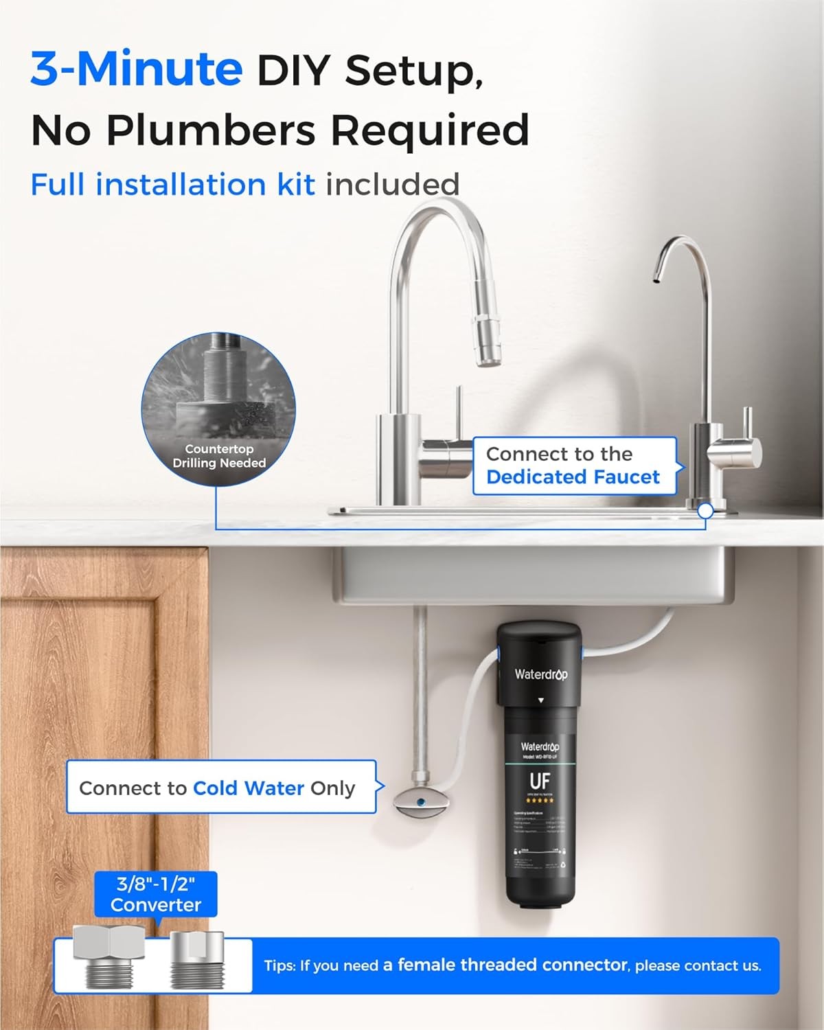 Waterdrop 10UB-UF 0.01 μm Ultra Filtration Under Sink Water Filter System