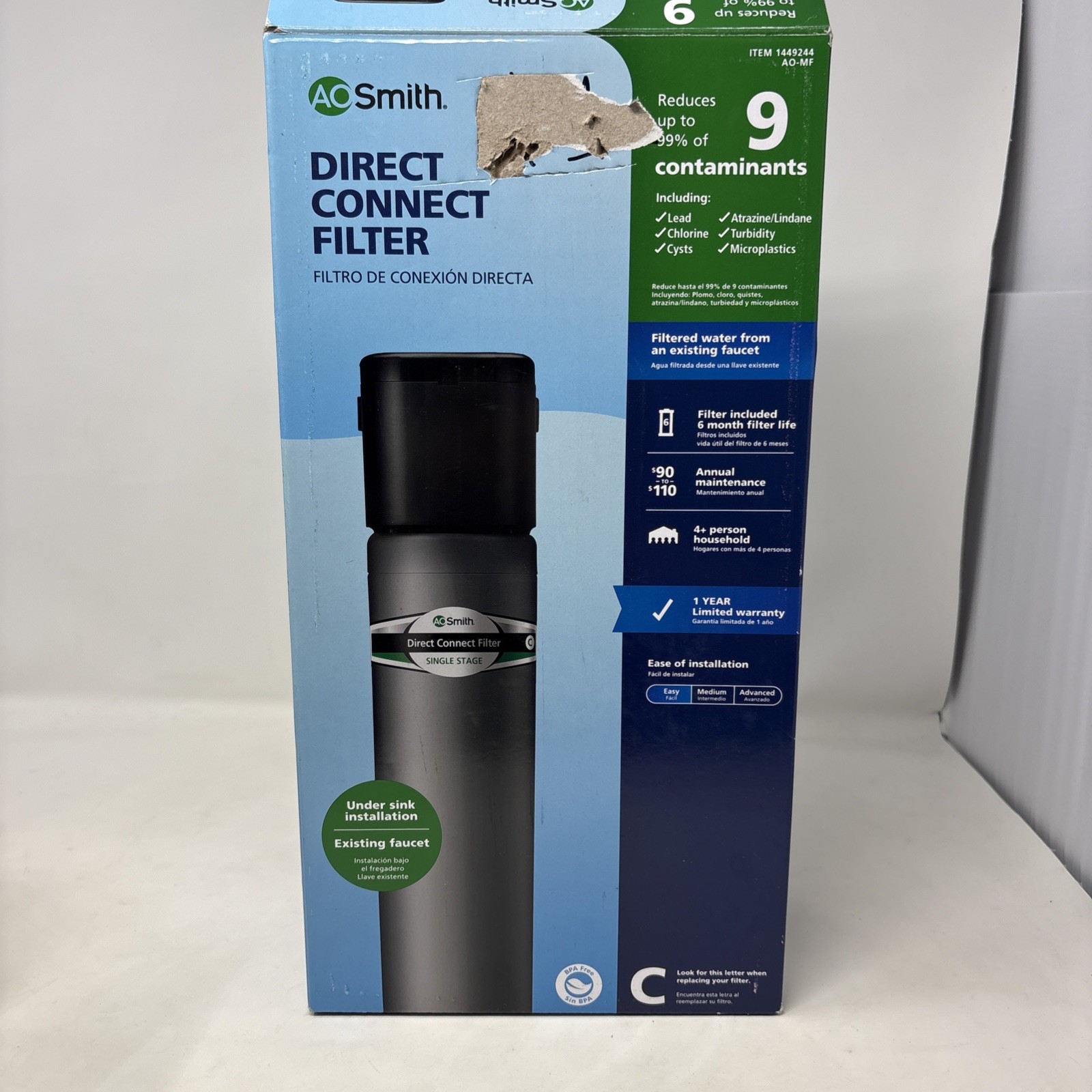 AO Smith 1449244 Direct Connect Filter, Reduces Up To 9 Contaminants, AO-MF NEW