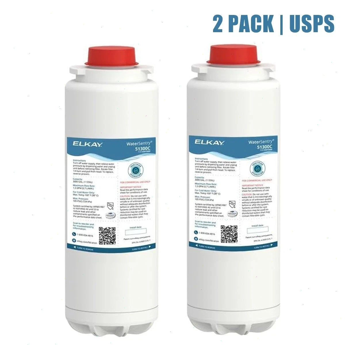2 pack Fit For Elkay 51300C WaterSentry Plus Replacement Water Filter(NO CHIP)