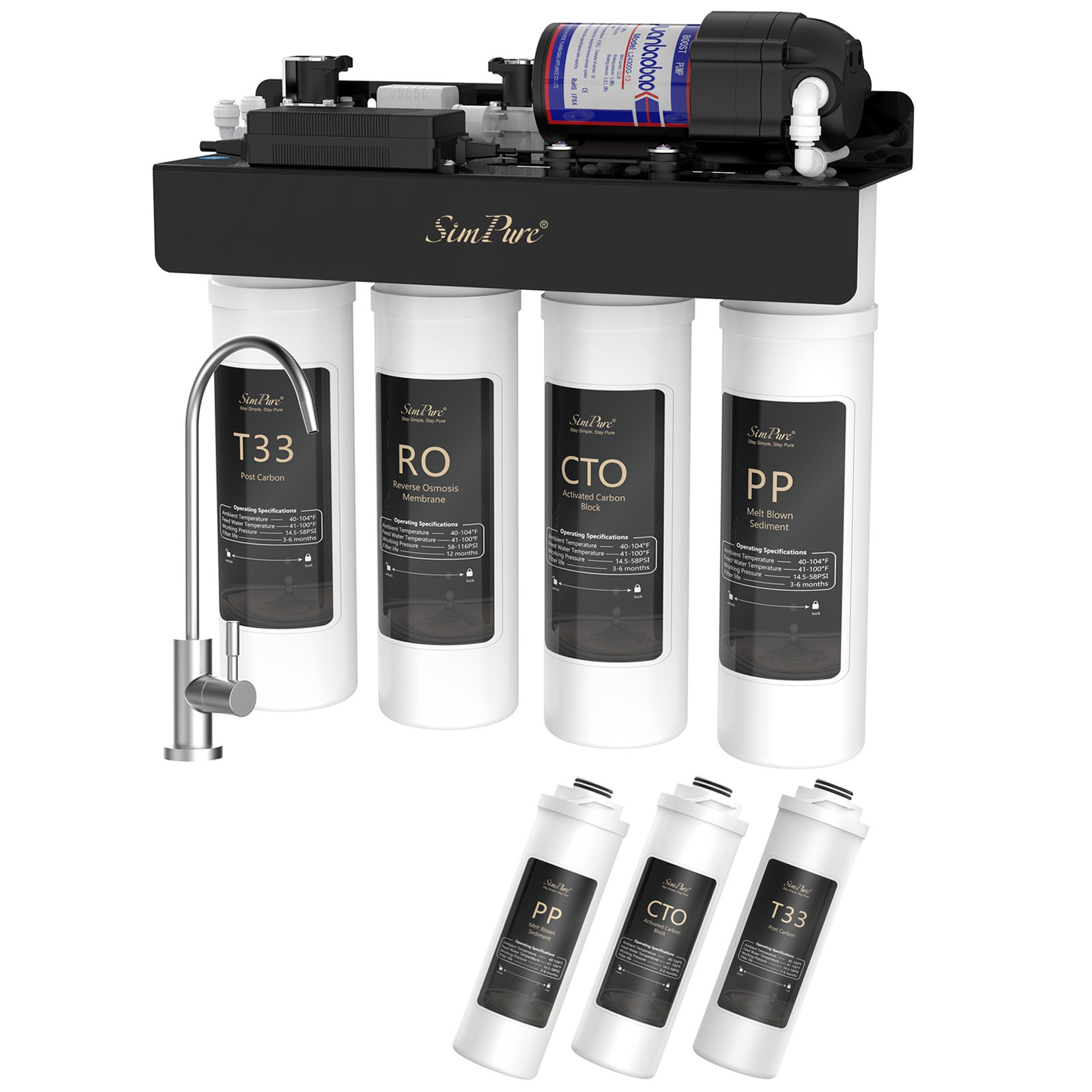 SimPure 400GPD 8-Stage Reverse Osmosis System 6-Month Water Filter Filtration
