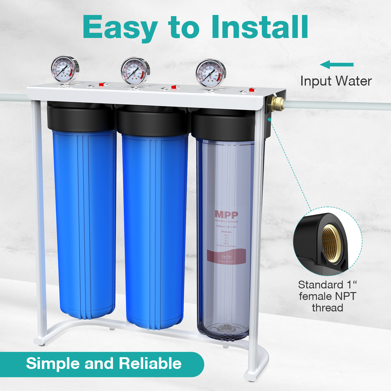 3Stage Whole House Water Filter System for Well/Pool/City/Farm 20″x4.5″ Big Blue