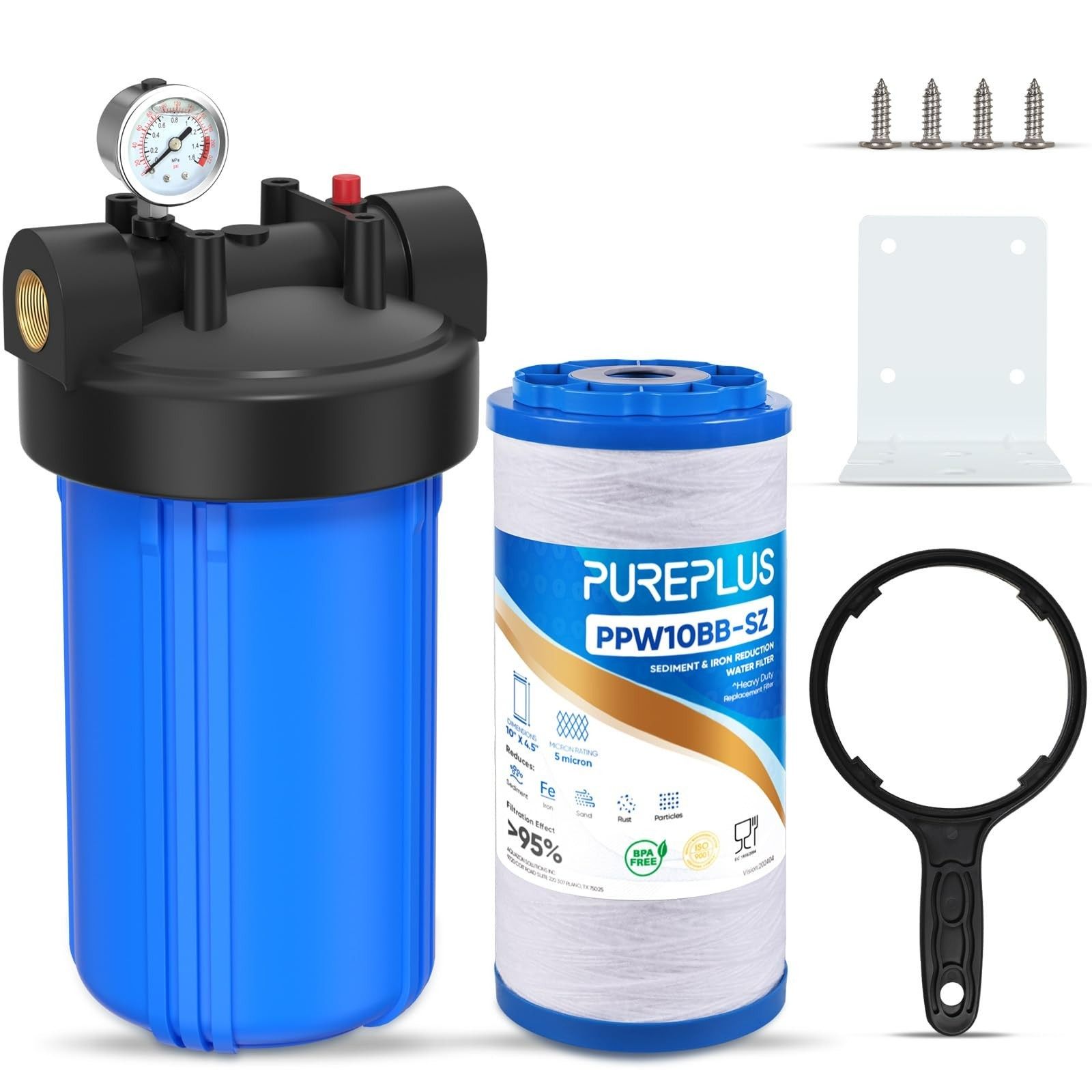 PUREPLUS 1-Stage Whole House Water Filter,with Universal Housin,for Well Water