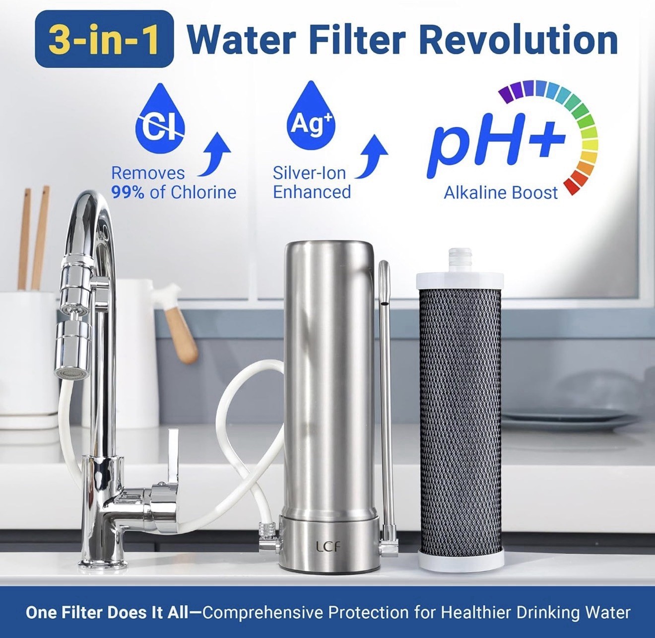 LCF Alkaline Countertop Water Filter, Silver Ions Enhanced 6-Stage Stainless Ste