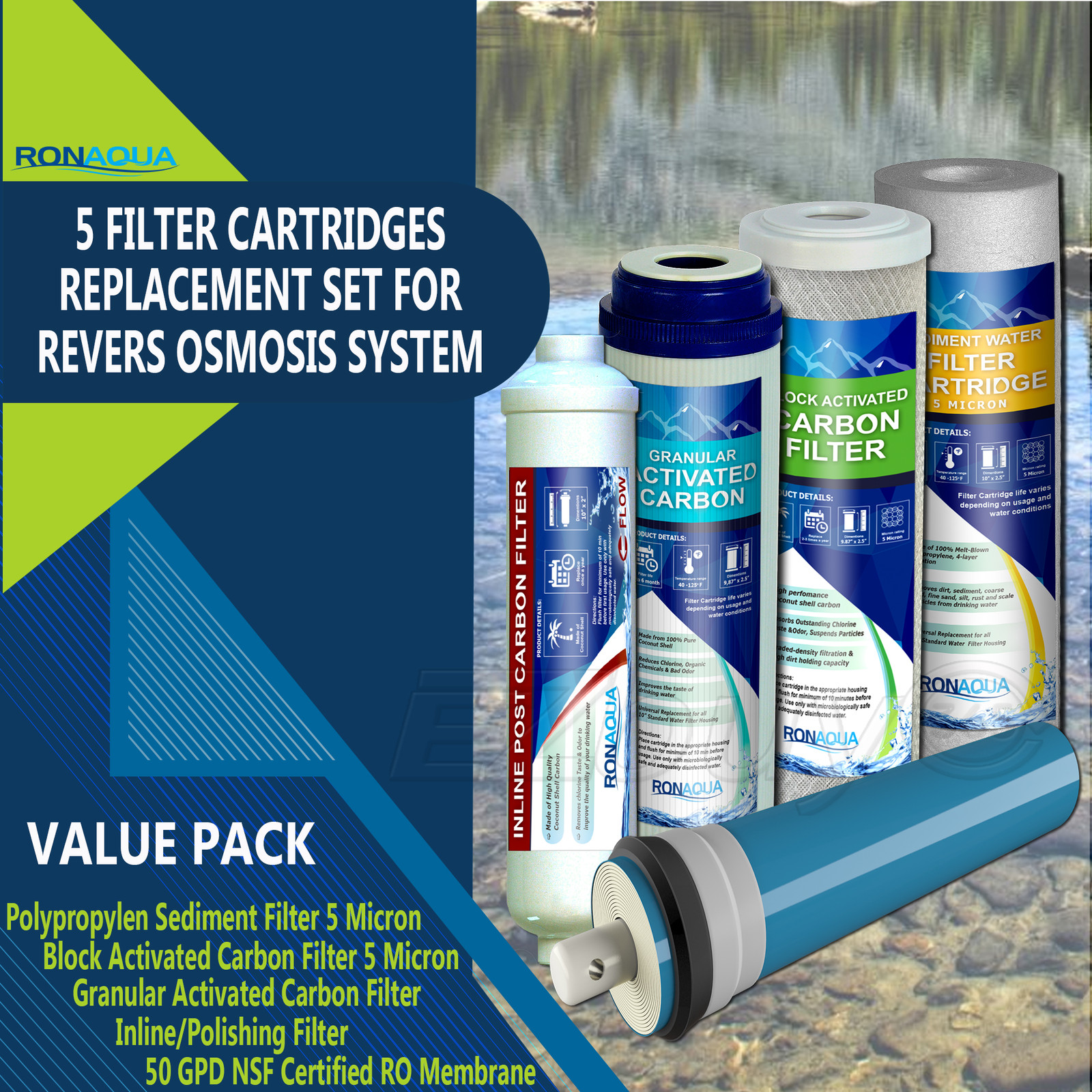 Reverse Osmosis Replacement Filter Set of Cartridges 5 pcs /50 GPD Membrane