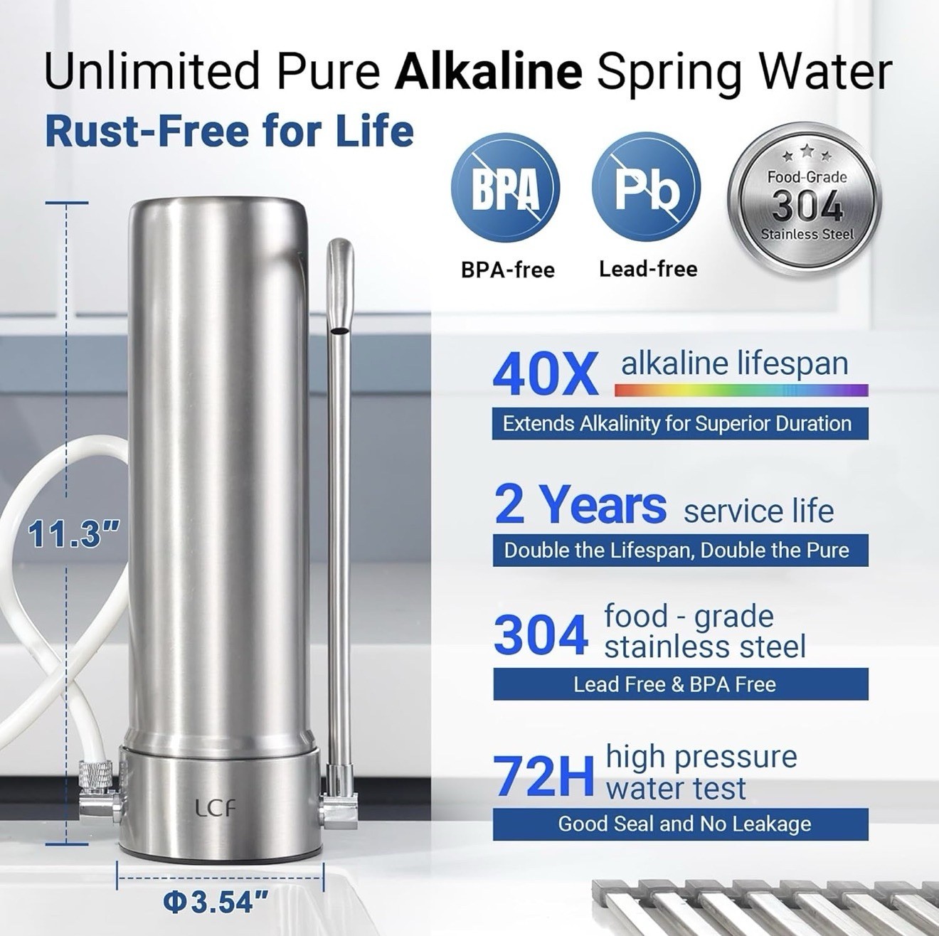 LCF Alkaline Countertop Water Filter, Silver Ions Enhanced 6-Stage Stainless Ste