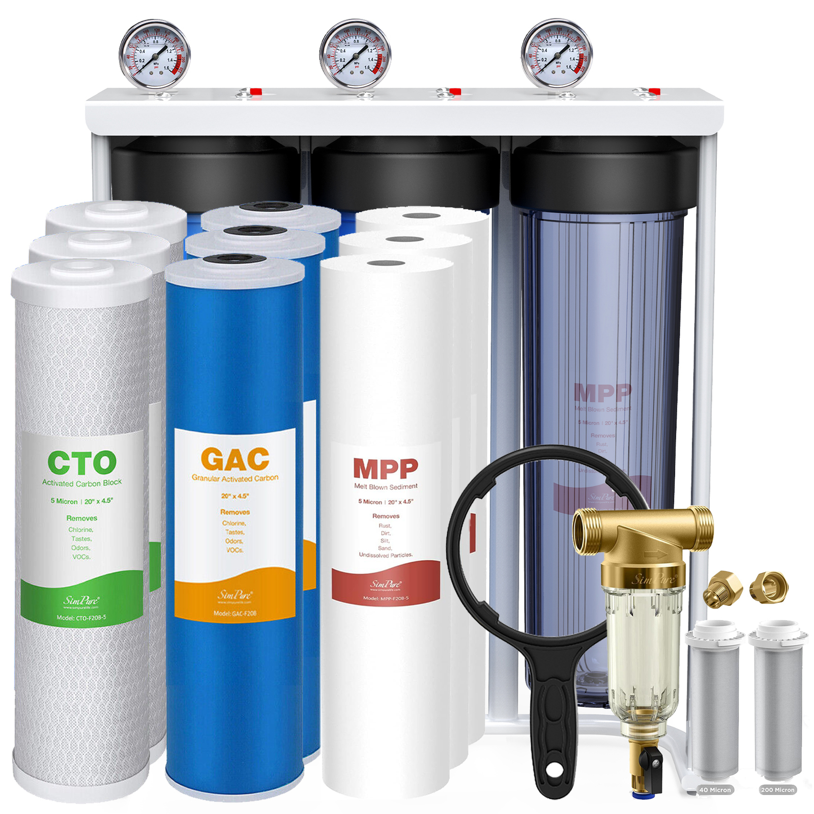 3 Stage 20″ Big Blue Housings Whole House System+Spin Down Sediment Water Filter
