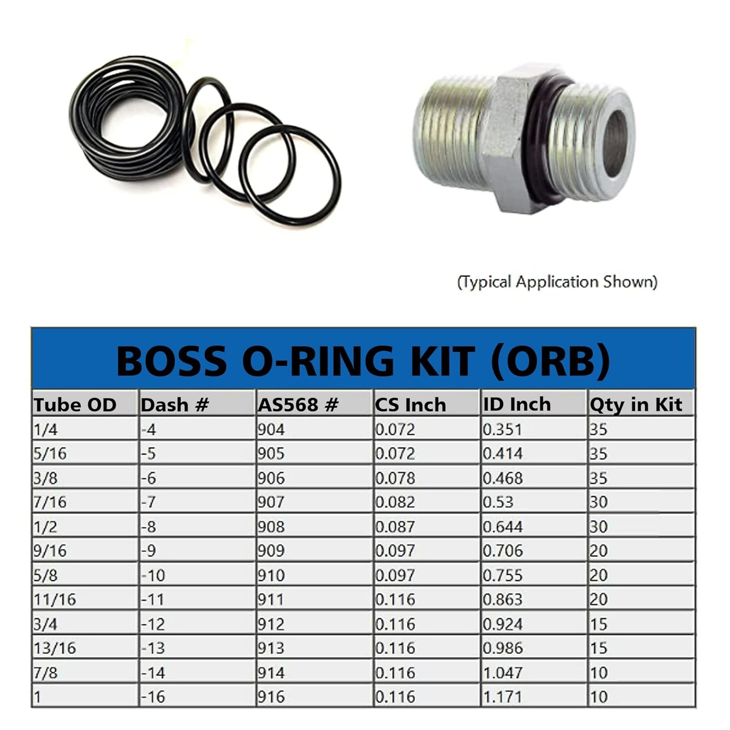 BUSY-CORNER O-Ring Boss Hydraulic Seal Kit, SAE 900 Series, 12 Sizes, Black