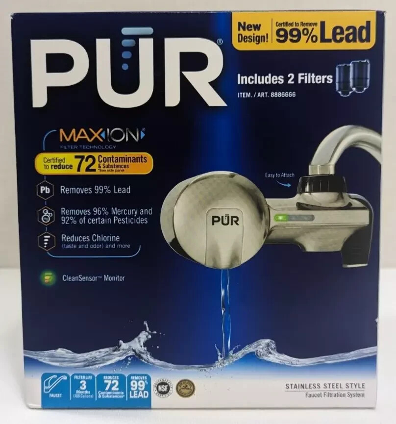 PUR Stainless Steel Style Faucet Filtration System & 2 Filters Removes 99% Lead