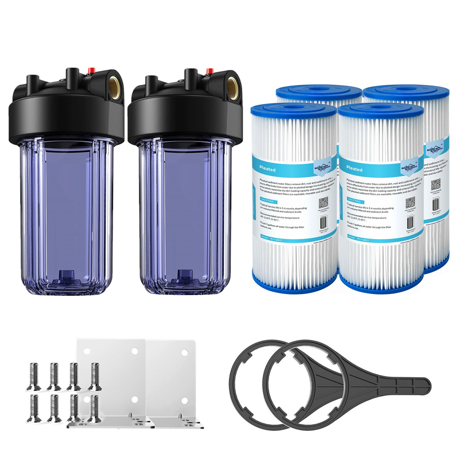 2Pack Clear Whole House Water Filter Housing &4pcs 10″ x 4.5″ PP Pleated System
