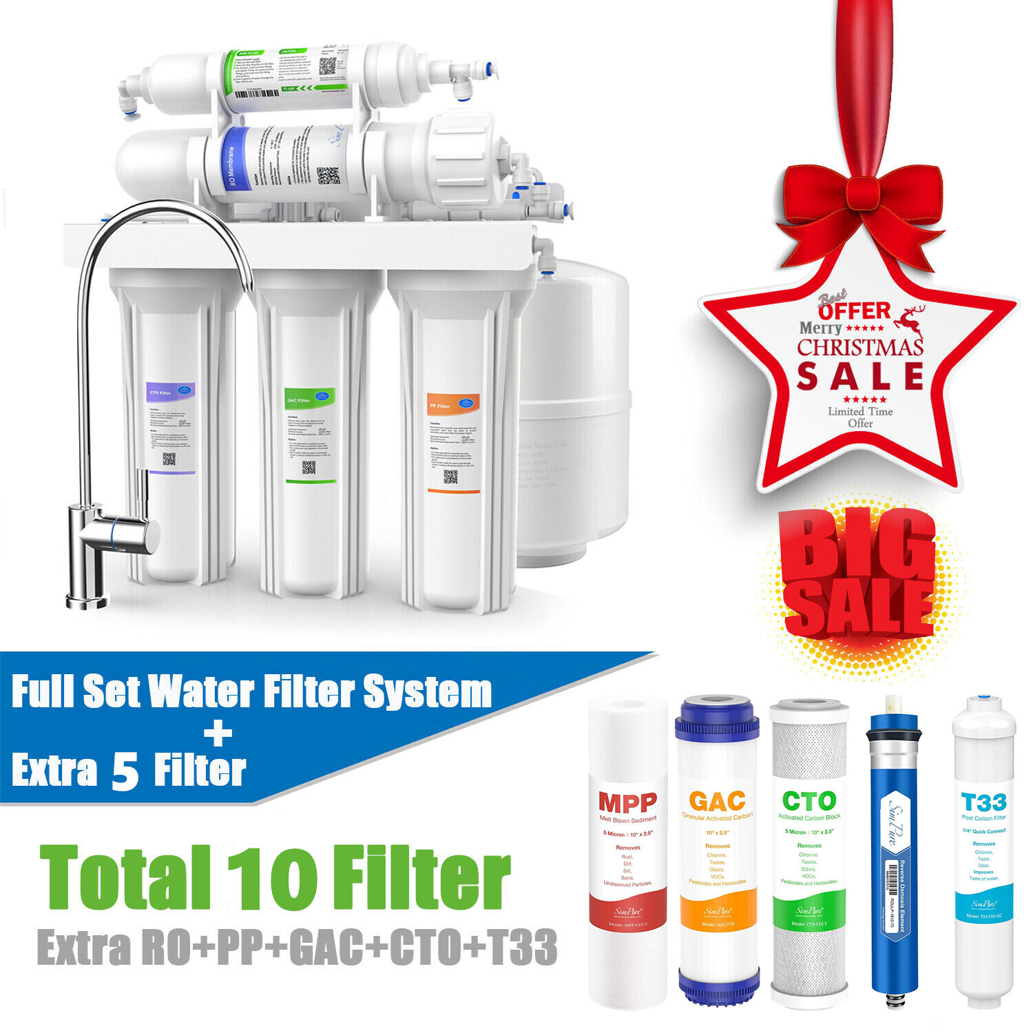 Simpure 5 Stage 75GPD Reverse Osmosis Water Filter System Filtration + 5 Filters