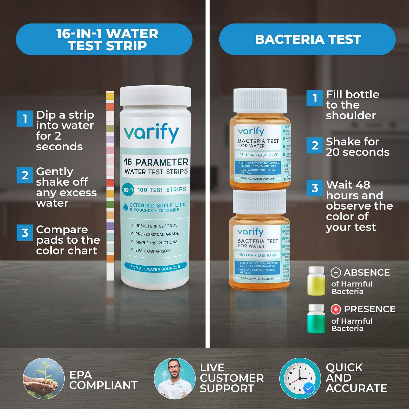 Varify 17in1 Complete Drinking Water Test Kit – 100 Strips + 2 Bacteria Teste…