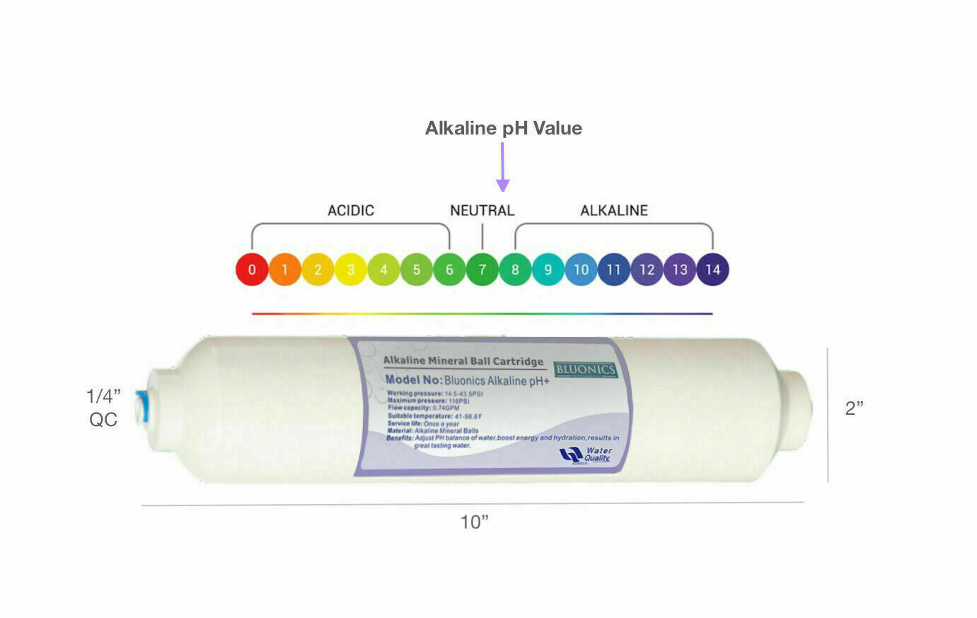 PH+ Alkaline Water Filter Cartridge, 10″ Inline Quick Connect with Mineral Ball