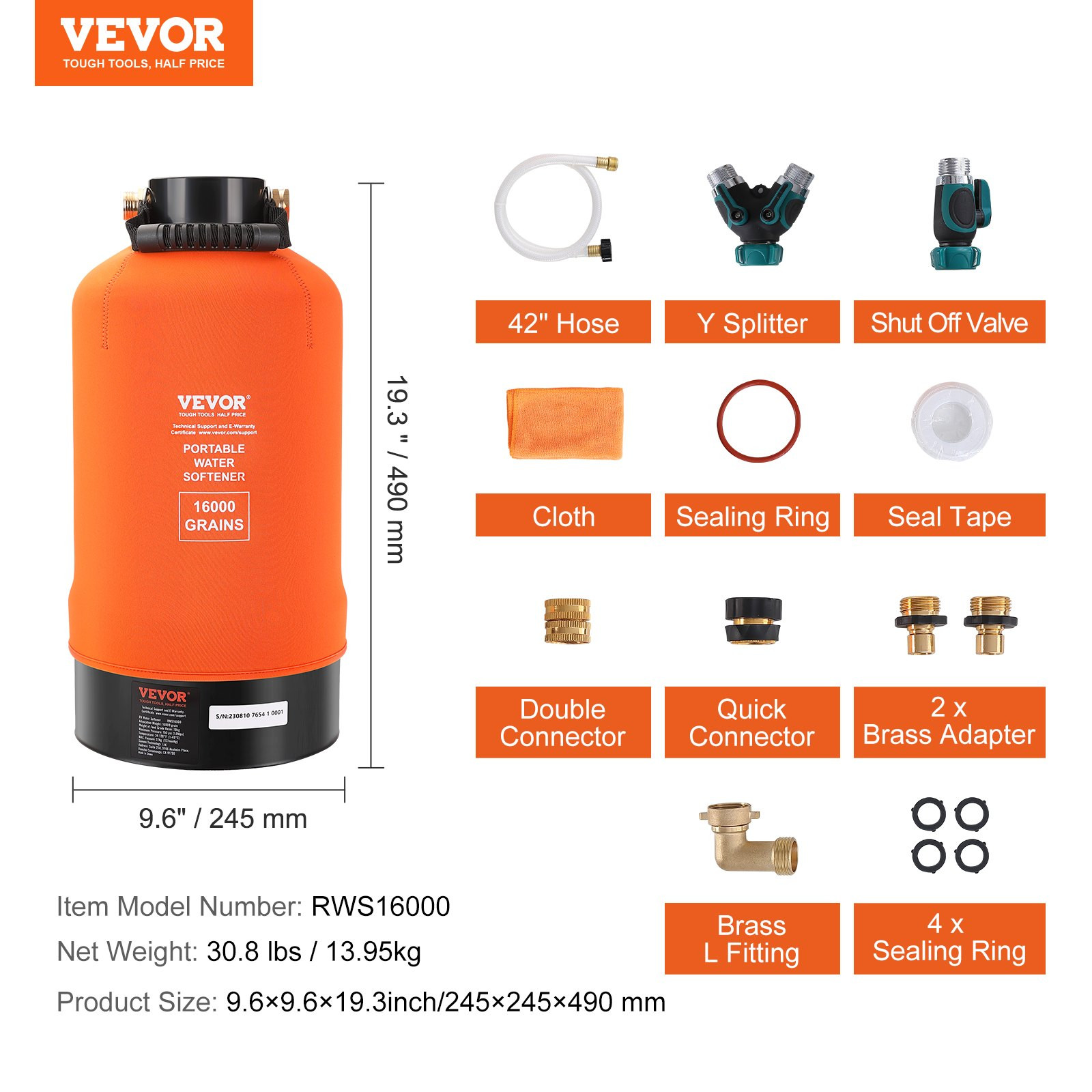 16000 Grain RV Water Softener with 3/4″ Brass Fittings & Hose