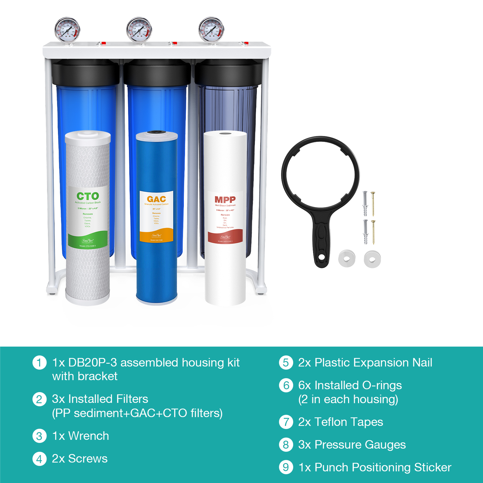 3Stage Whole House Water Filter System for Well/Pool/City/Farm 20″x4.5″ Big Blue