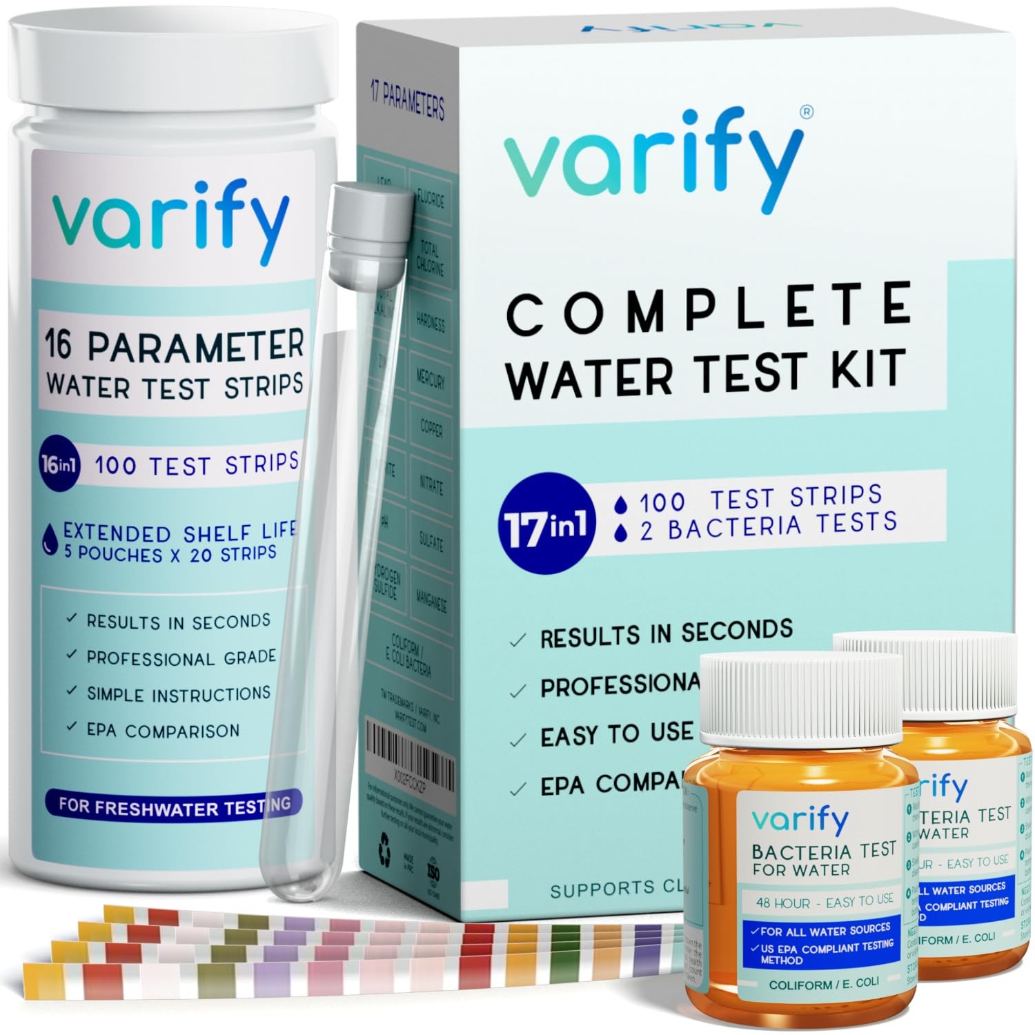 Varify 17in1 Complete Drinking Water Test Kit – 100 Strips + 2 Bacteria Teste…