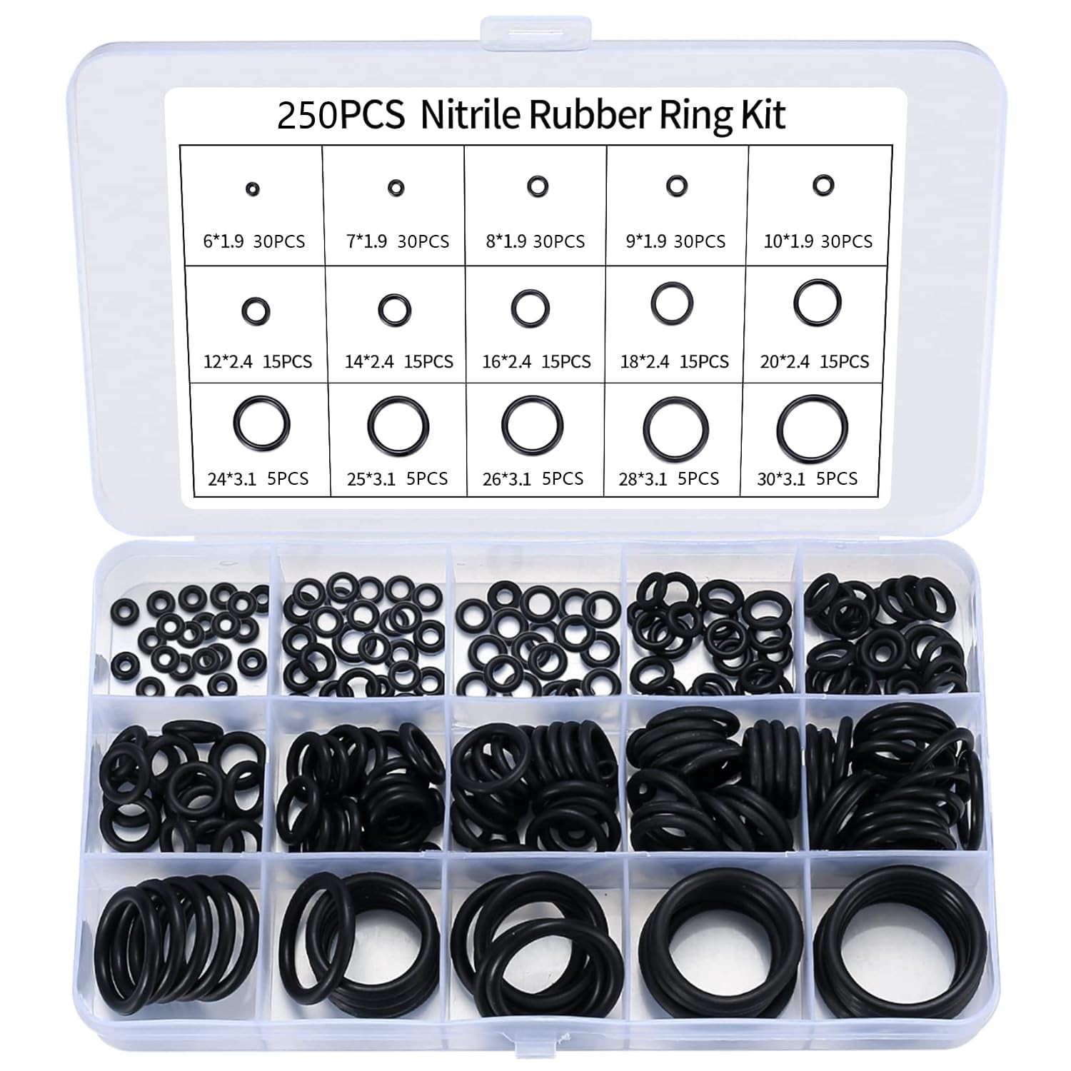 250 Pcs O Ring Assortment Kit, Rubber Washer Orings, Black15 Sizes Black