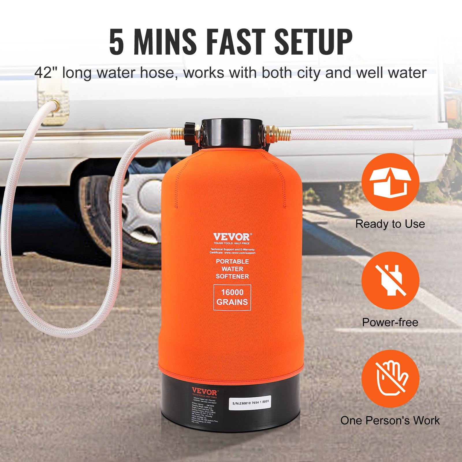 16000 Grain RV Water Softener with 3/4″ Brass Fittings & Hose