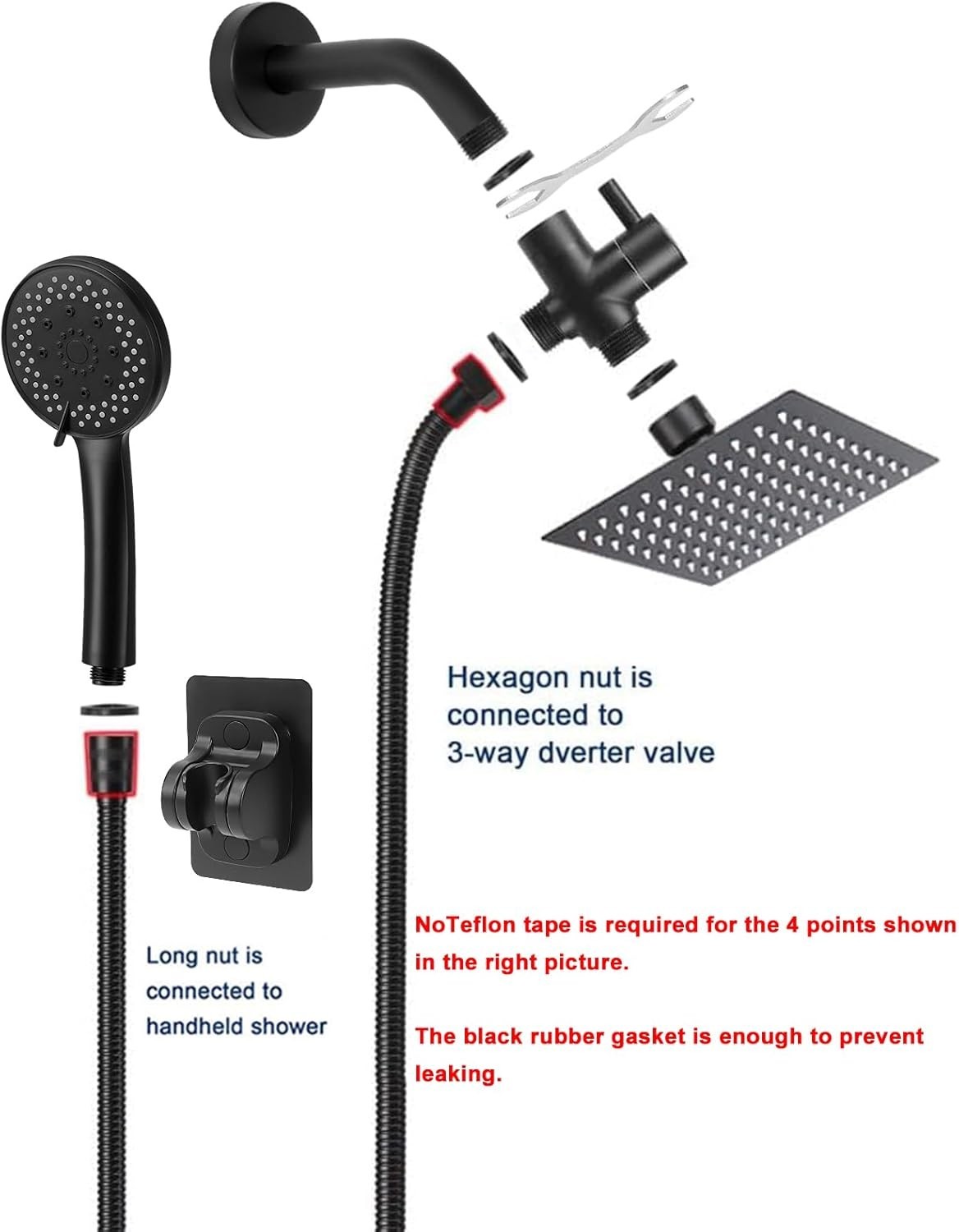 Filtered Rain Shower Head High Pressure 8″Square & 5 settings Handheld Shower