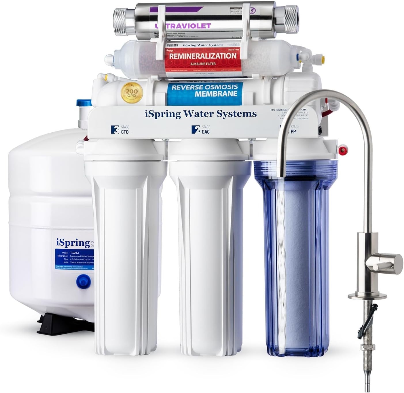iSpring RCC2AK-UV: 200 GPD 7-Stage RO System w/ UV, Alkaline pH+, 3:1 Pure:Drain