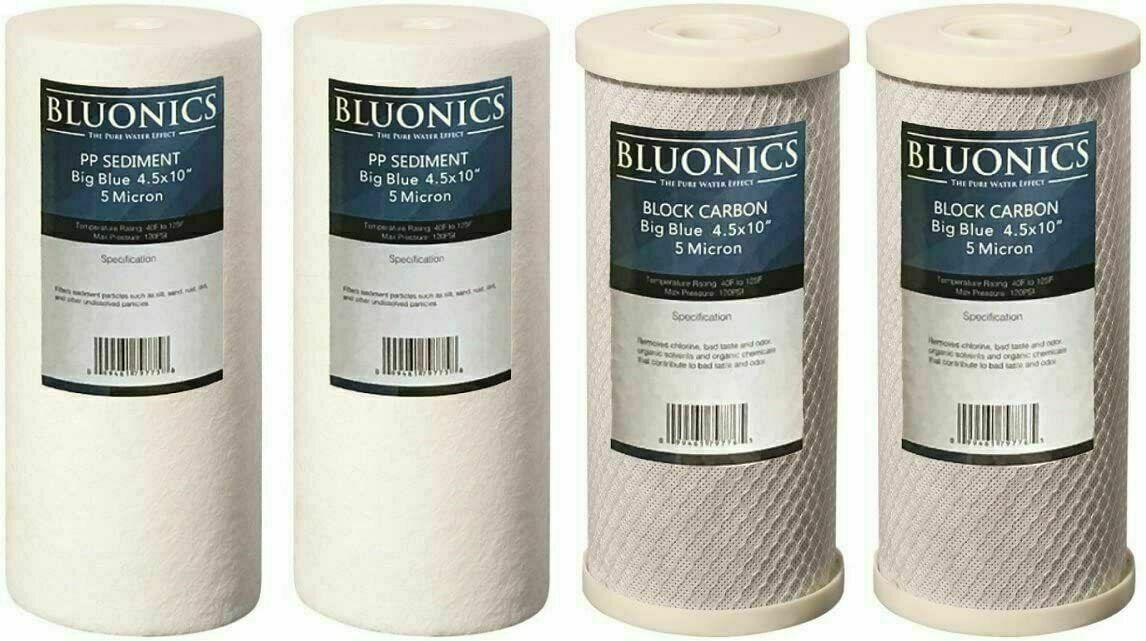 Bluonics 4pc CTO Carbon Block & Sediment 4.5 x 10″ Replacement Filter Cartridges