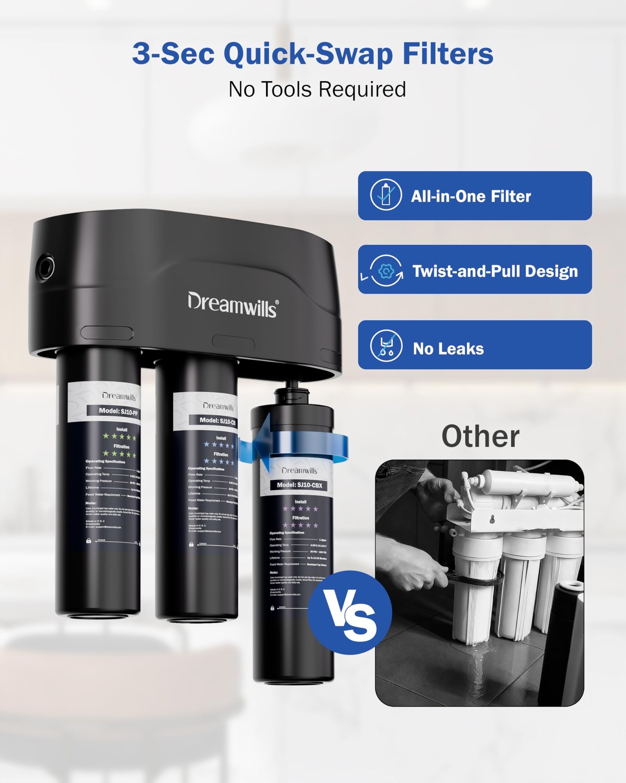 Dreamwills 8-Stage Under Sink Water Filter System Sj10 High-Flow 1.3 Gpm Under