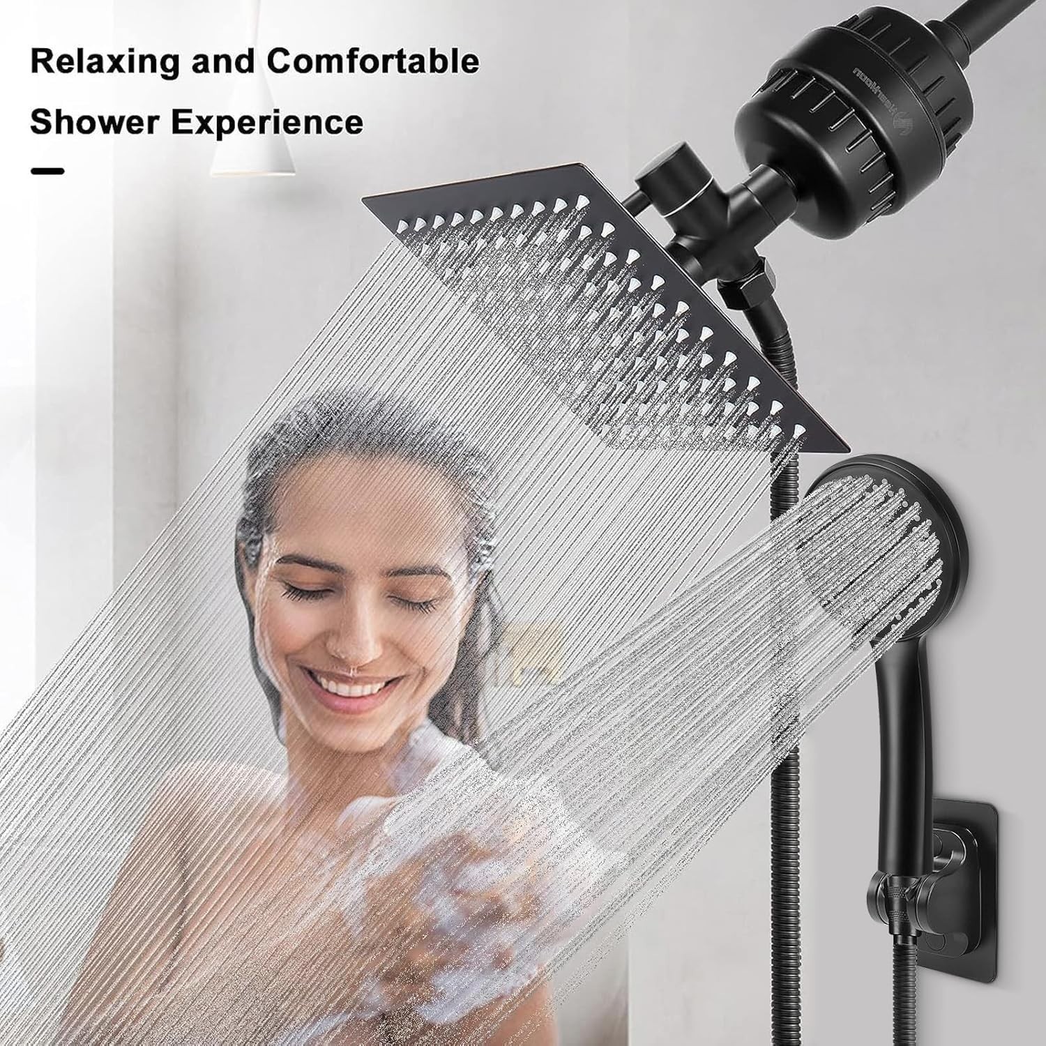 Filtered Rain Shower Head High Pressure 8″Square & 5 settings Handheld Shower