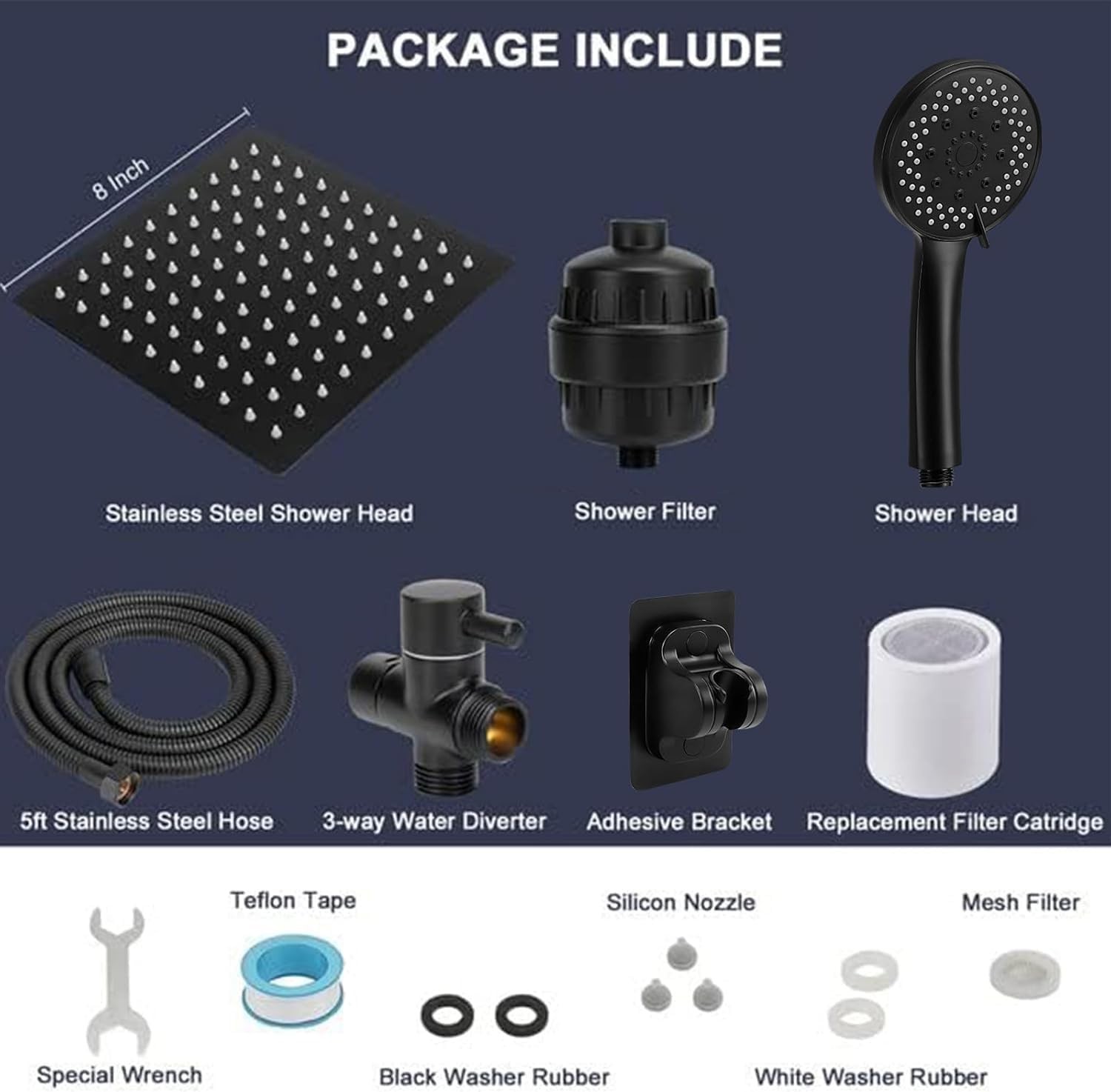 Filtered Rain Shower Head High Pressure 8″Square & 5 settings Handheld Shower