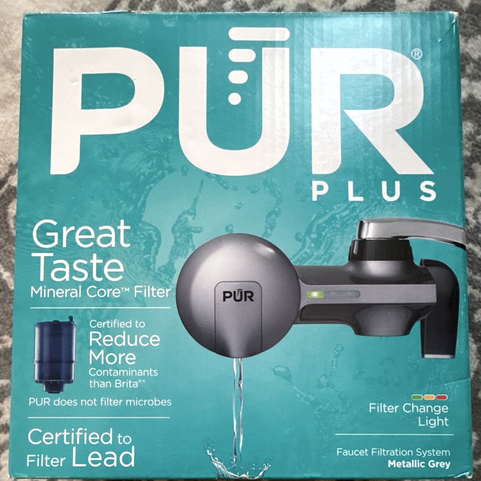 PUR PLUS Faucet Mount Filter Metallic Gray Lead Removal Change Light