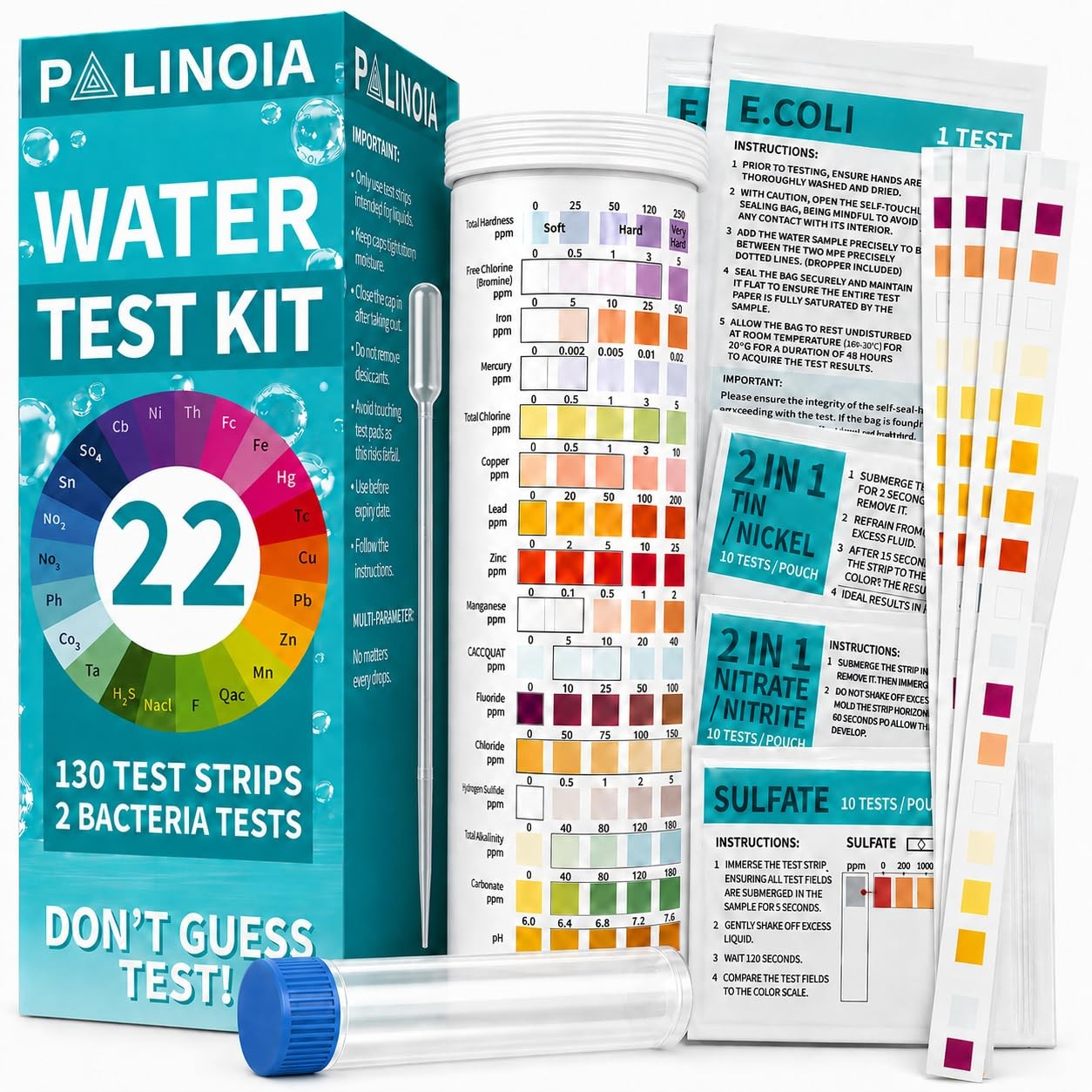 Water Test Strips 22 in 1 Kit 130 Count pH Hardness Chlorine Lead Iron Copper We