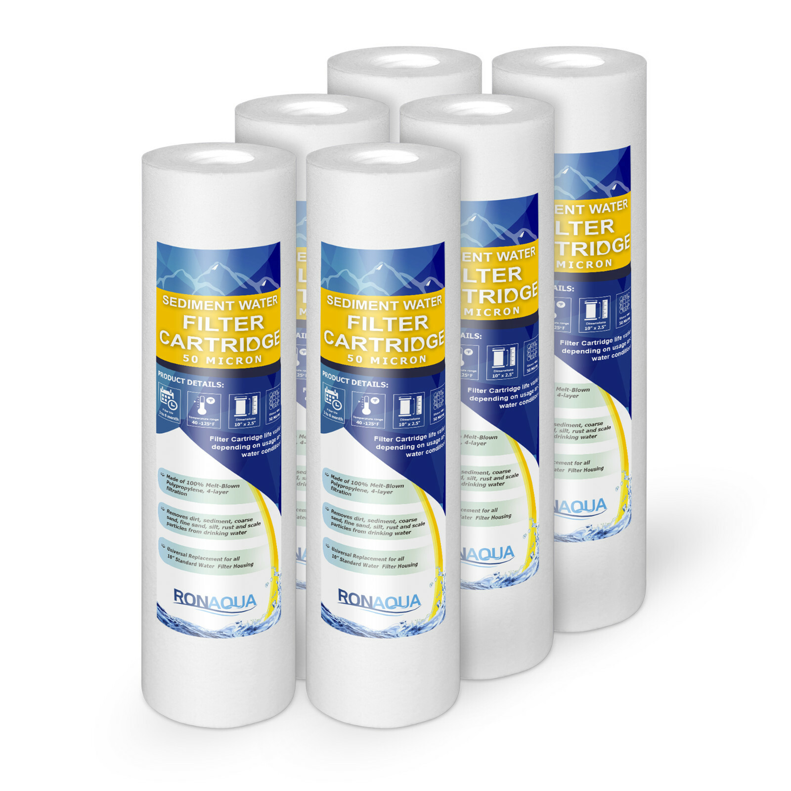 6 Sediment 50 Micron Water Filter Cartridges 2.5″ x 10″ for Reverse Osmosis