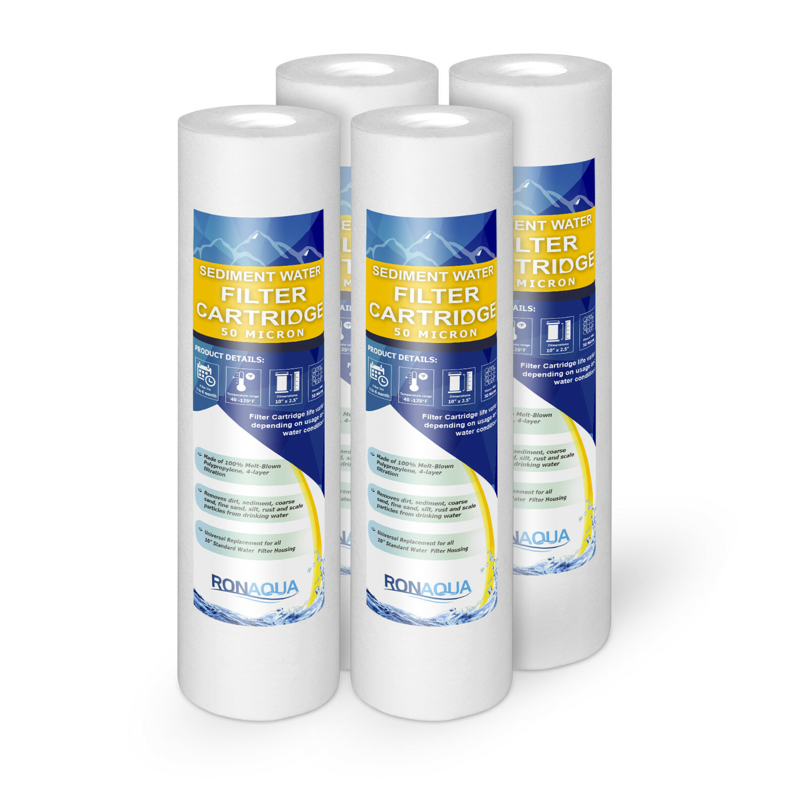 4 Sediment 50 Micron Water Filter Cartridges 2.5″ x 10″ for Reverse Osmosis
