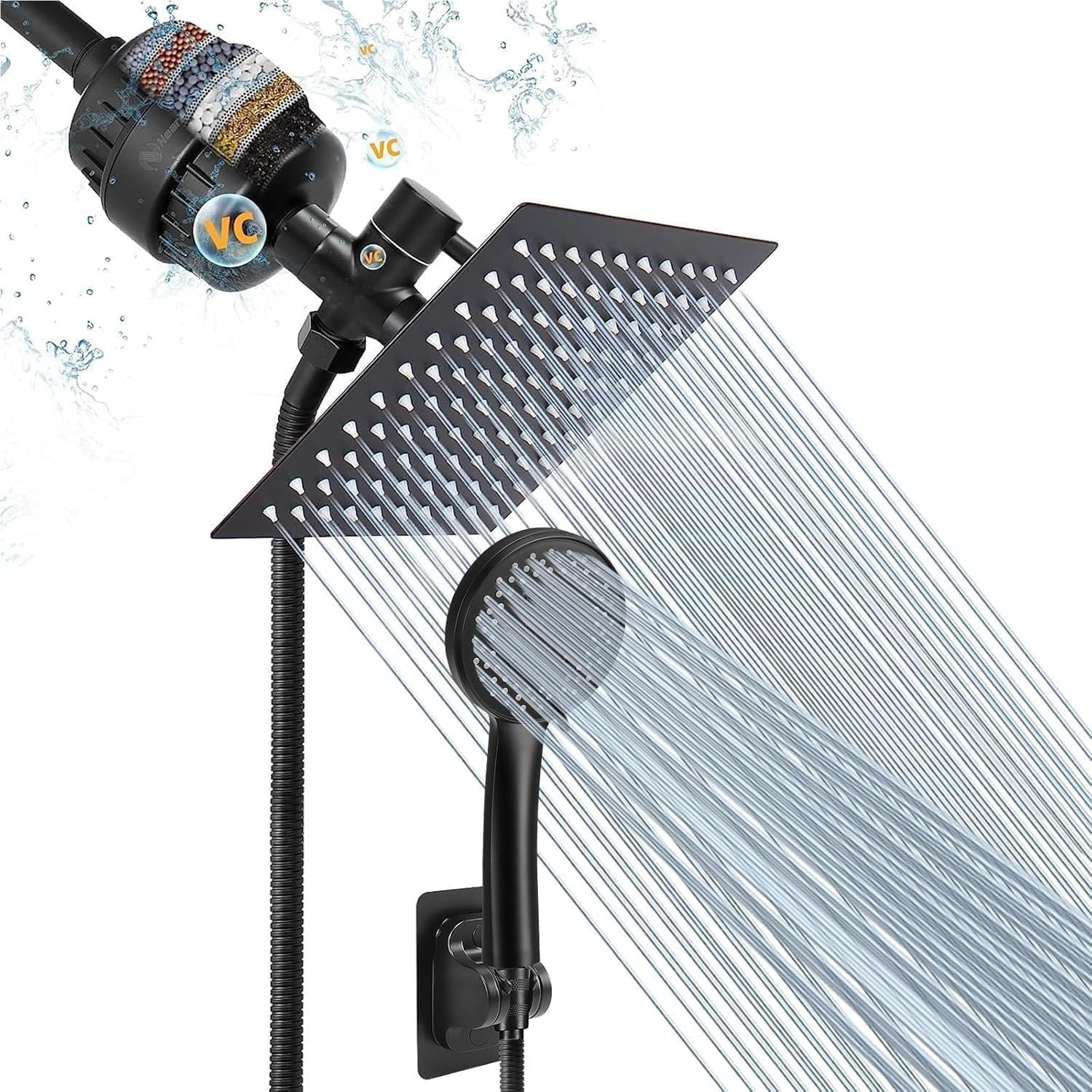 Filtered Rain Shower Head High Pressure 8″Square & 5 settings Handheld Shower