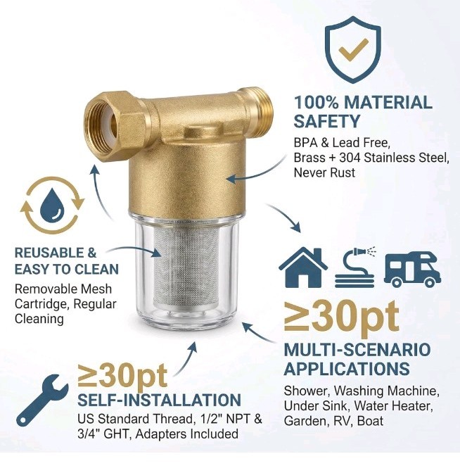 40 Micron Brass Inline Spin Down Sediment Water Filter 3/4″ + 1/2″ NPT Reusable