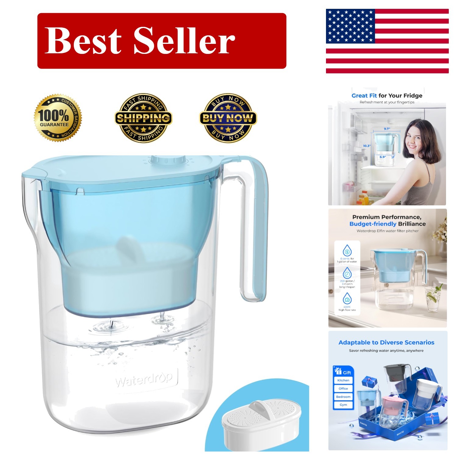 Waterdrop Water Filter Pitcher, 200-Gallon Long-Life, Countertop NSF Certified W