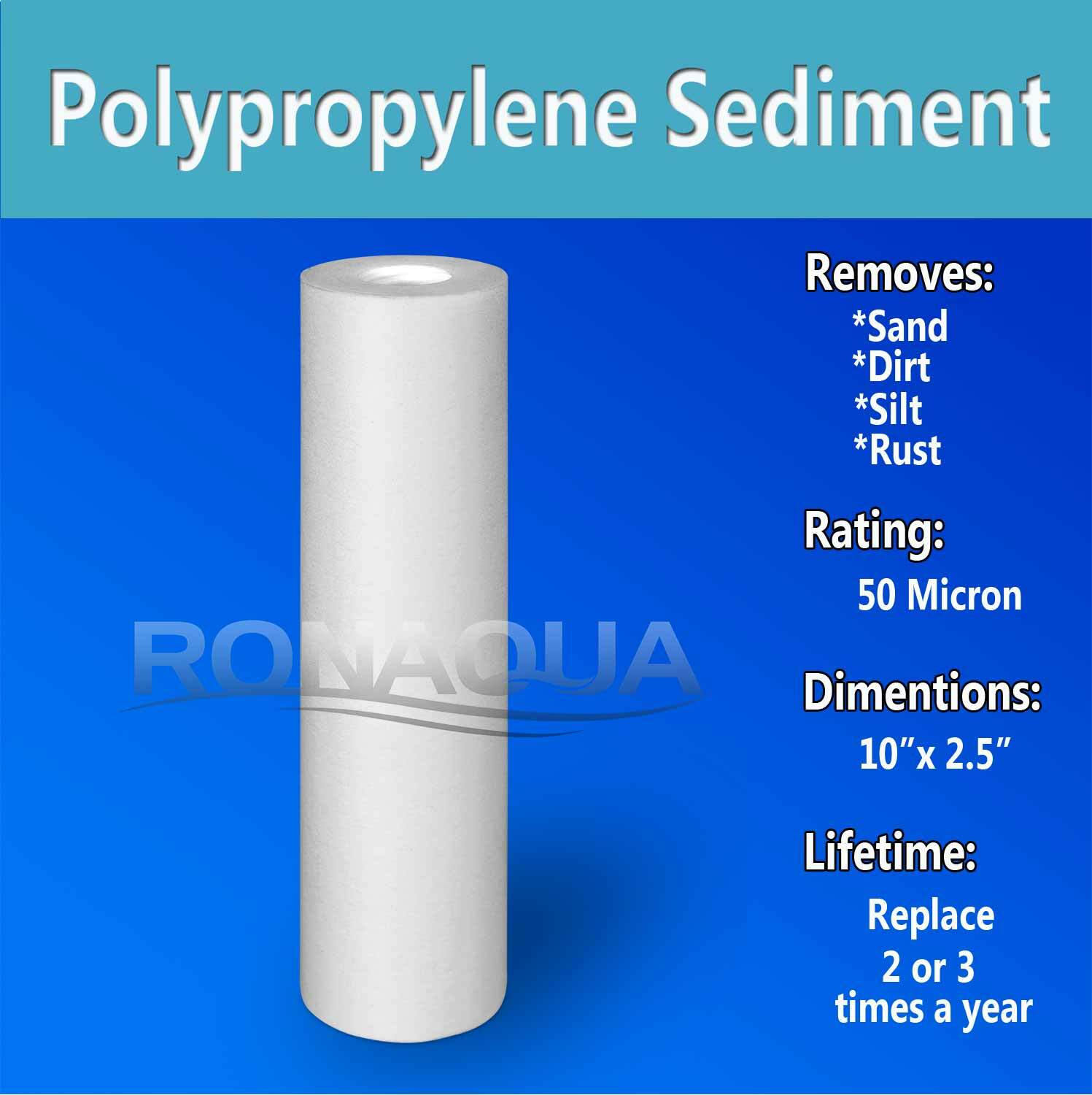 6 Sediment 50 Micron Water Filter Cartridges 2.5″ x 10″ for Reverse Osmosis