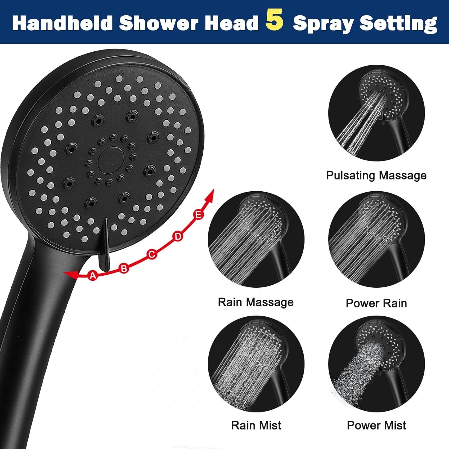 Filtered Rain Shower Head High Pressure 8″Square & 5 settings Handheld Shower