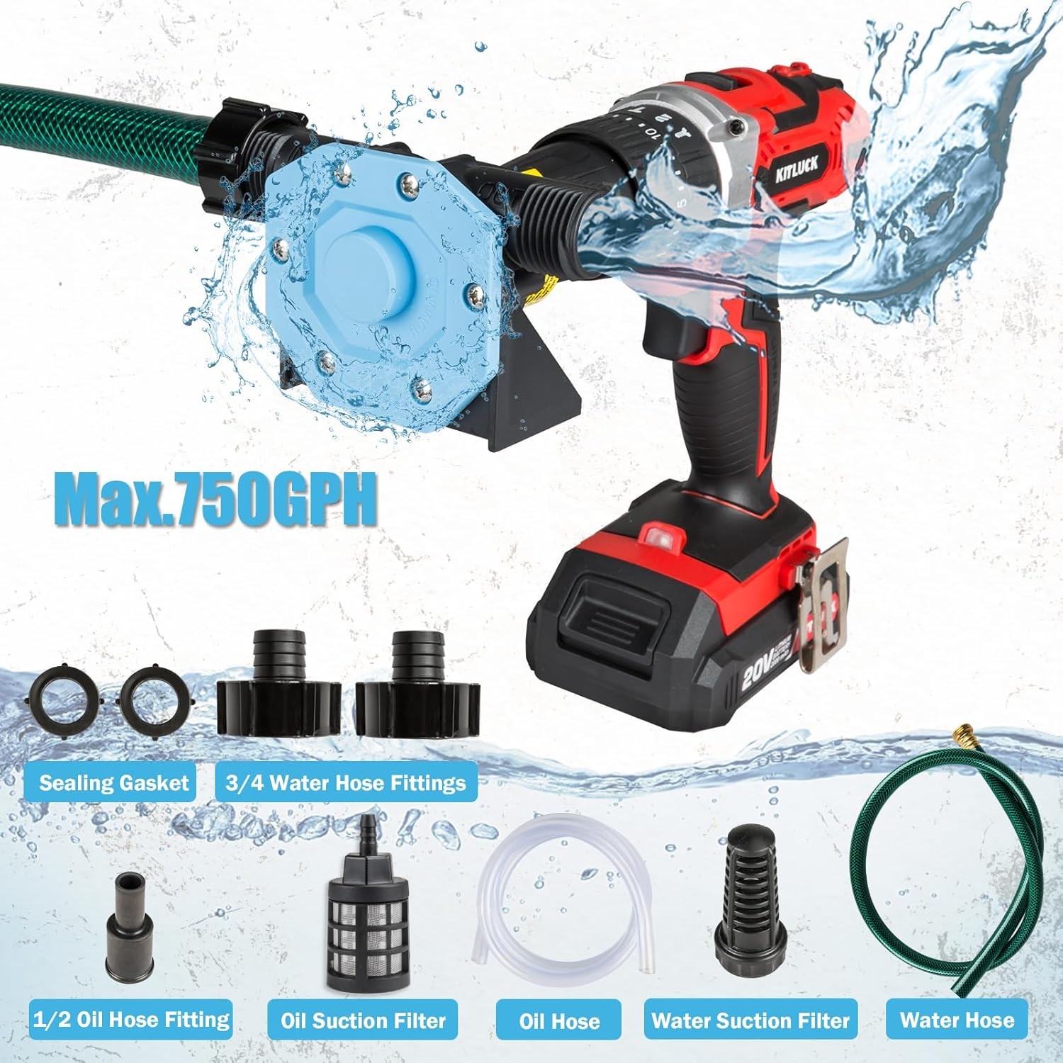 Hand Drill Pump, 750GPH Powered Water Transfer Pump with Black