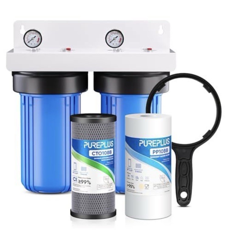 PUREPLUS 2-Stage Whole House Water Filtration System 10″x4.5″ Pressure Gauges