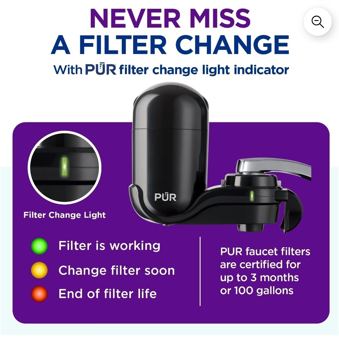 PUR Faucet Filtration System Black 100 gal Carbon Lead Removal Filter Light