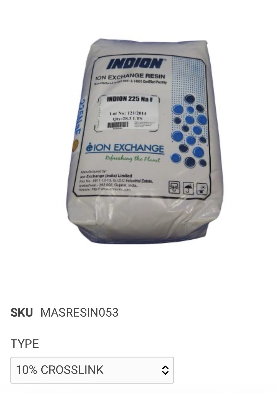 Water Softener Resin 10% Crosslink Indion 2.0 CU For 13” Diameter Media Tanks
