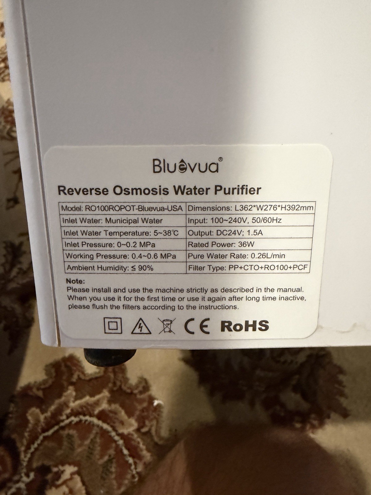 Bluevua RO Water Purifier 4-Stage RO/Carbon Block White/Black RO100ROPOT